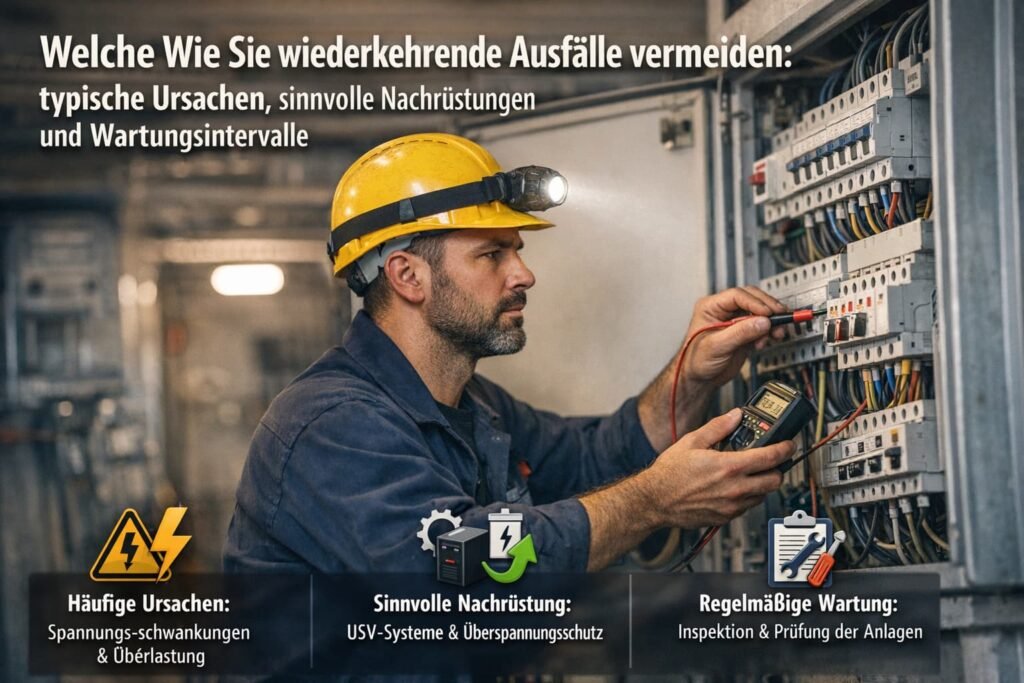 Elektriker prüft Schaltschrank mit Messgerät zur Vermeidung von Stromausfällen und Wartung elektrischer Anlagen