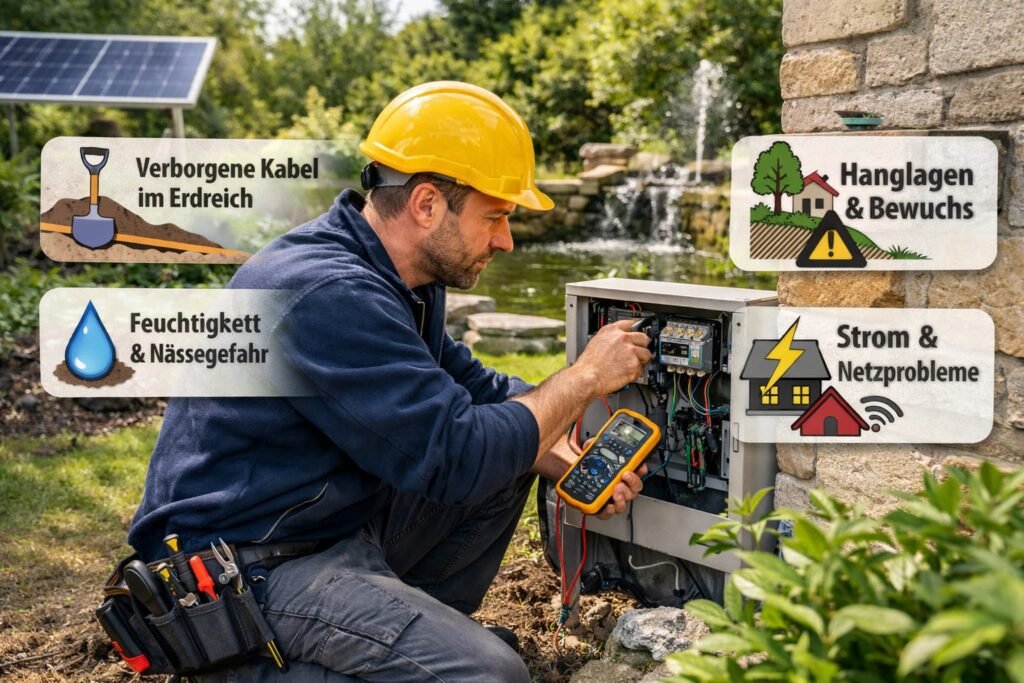 Elektriker behebt Stromproblem im Garten mit Werkzeug und Schaltkasten – Herausforderungen wie Feuchtigkeit, versteckte Kabel und Gelände in Gartenstadt