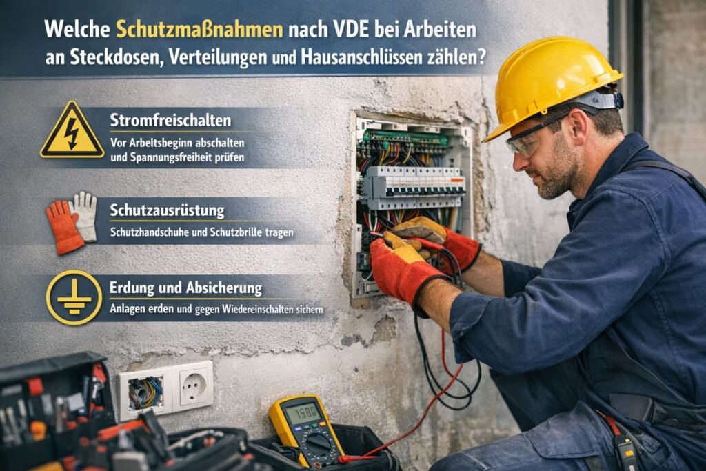 Deutscher Elektriker prüft Sicherungskasten mit Schutzmaßnahmen nach VDE beim Arbeiten an Steckdosen und Hausanschlüssen
