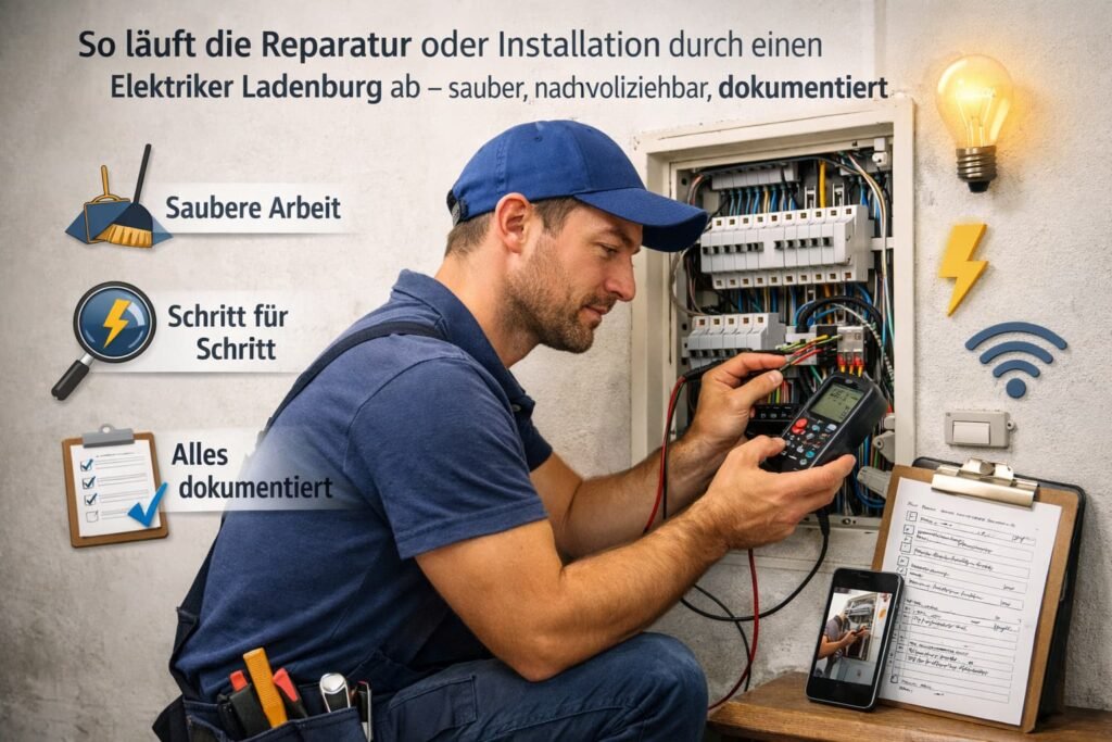 Elektriker in Ladenburg prüft Sicherungskasten mit Messgerät – saubere, dokumentierte Reparatur und Installation