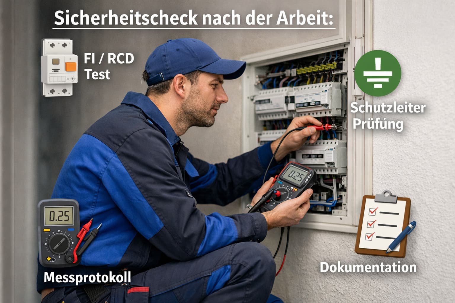 Elektriker führt Sicherheitscheck im Sicherungskasten durch – FI/RCD-Test, Schutzleiterprüfung und Dokumentation nach der Arbeit.