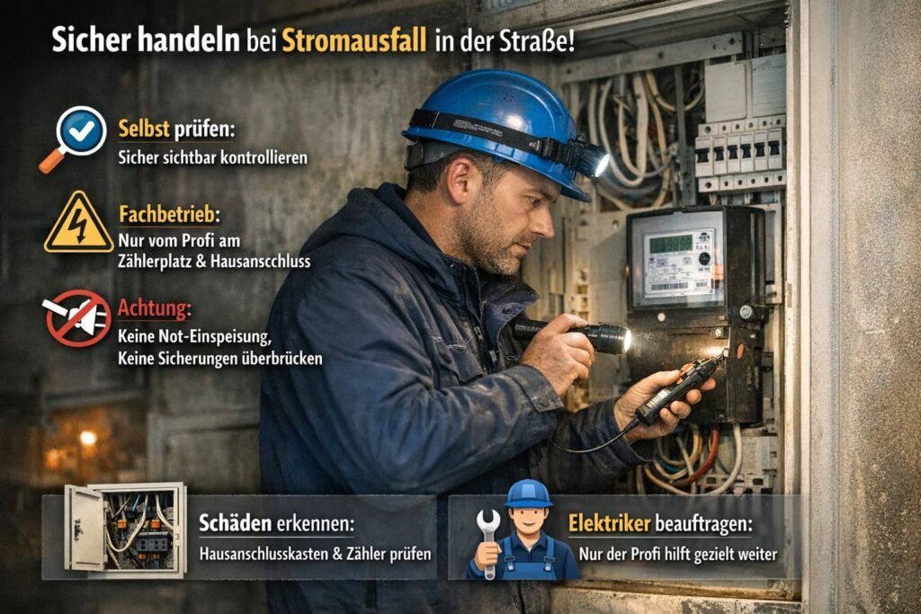 Elektriker prüft Sicherungskasten bei Stromausfall mit Sicherheitshinweisen und Symbolen