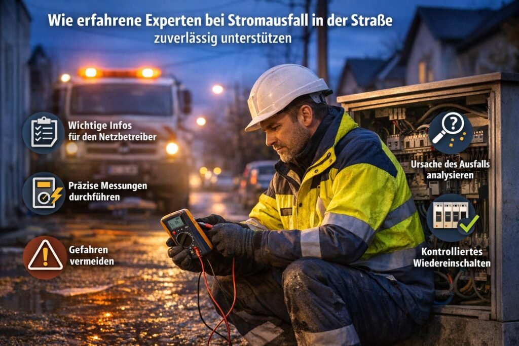 Erfahrener Elektriker behebt Stromausfall in der Straße mit Messgerät und Sicherheitsausrüstung
