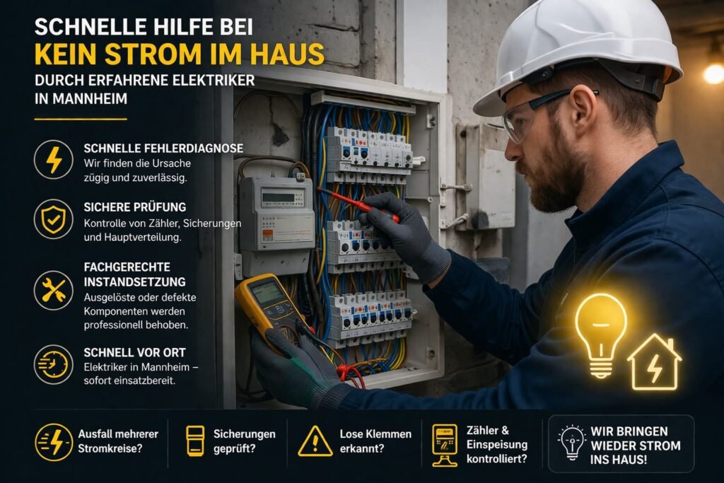 Elektriker in Mannheim prüft Sicherungskasten bei Stromausfall im Haus und behebt das Problem schnell und fachgerecht