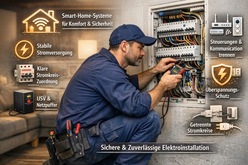 Elektriker repariert Sicherungskasten in modernem Smart-Home mit Fokus auf Sicherheit und stabile Stromversorgung