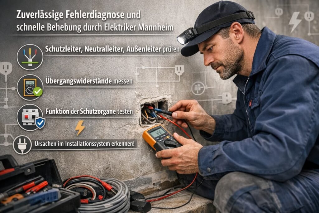Elektriker in Mannheim bei präziser Fehlerdiagnose an Steckdose mit Messgerät und elektrischen Symbolen