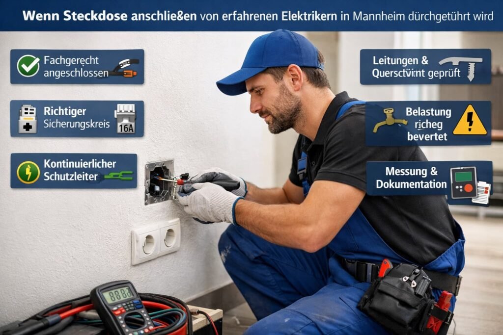Fachgerechtes Steckdose anschließen durch Elektriker in Mannheim mit Prüfung von Leitungen, Sicherungskreis und Schutzleiter