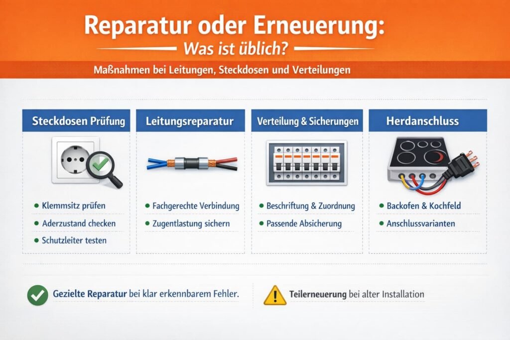 Reparatur oder Erneuerung: Welche Maßnahmen bei Leitungen, Steckdosen und Verteilungen üblich sind