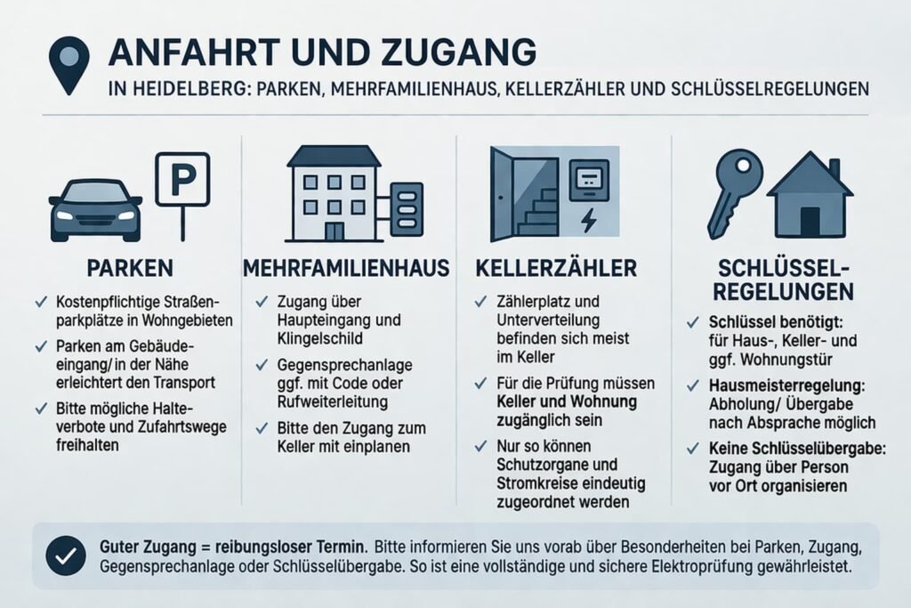 Anfahrt und Zugang in Heidelberg: Parken, Mehrfamilienhaus, Kellerzähler und Schlüsselregelungen