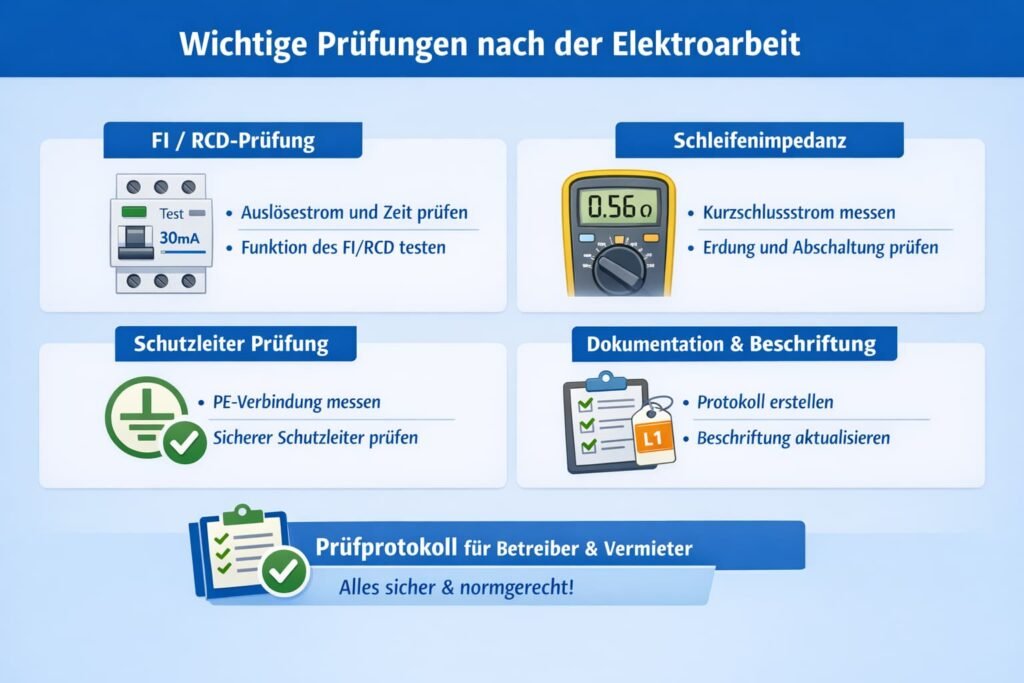 Welche Sicherheits- und Normprüfungen nach der Arbeit entscheidend sind (FI/RCD, Schleifenimpedanz, Protokoll)