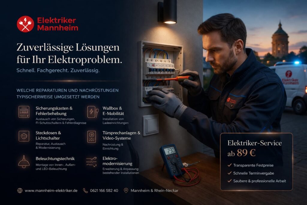 Elektriker Mannheim bei der Reparatur eines Sicherungskastens – professionelle Elektroinstallation und Fehlerbehebung vor Ort