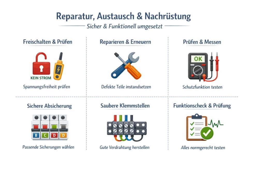 So werden Reparatur, Austausch oder Nachrüstung umgesetzt – von der Absicherung bis zur Inbetriebnahme