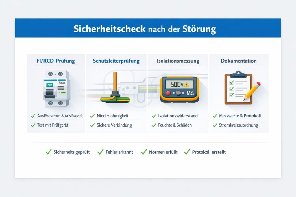 Sicherheitscheck nach der Störung: FI/RCD, Schutzleiter, Isolationsmessung und Dokumentation