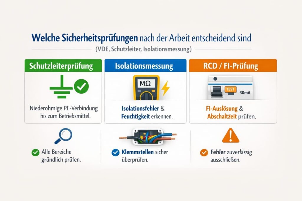 Welche Sicherheitsprüfungen nach der Arbeit entscheidend sind (VDE, Schutzleiter, Isolationsmessung)