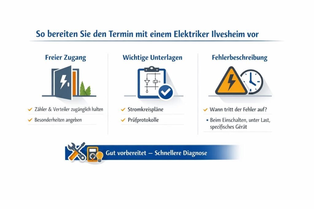 So bereiten Sie den Termin mit einem elektriker ilvesheim vor (Zugang, Unterlagen, Fehlerbild)