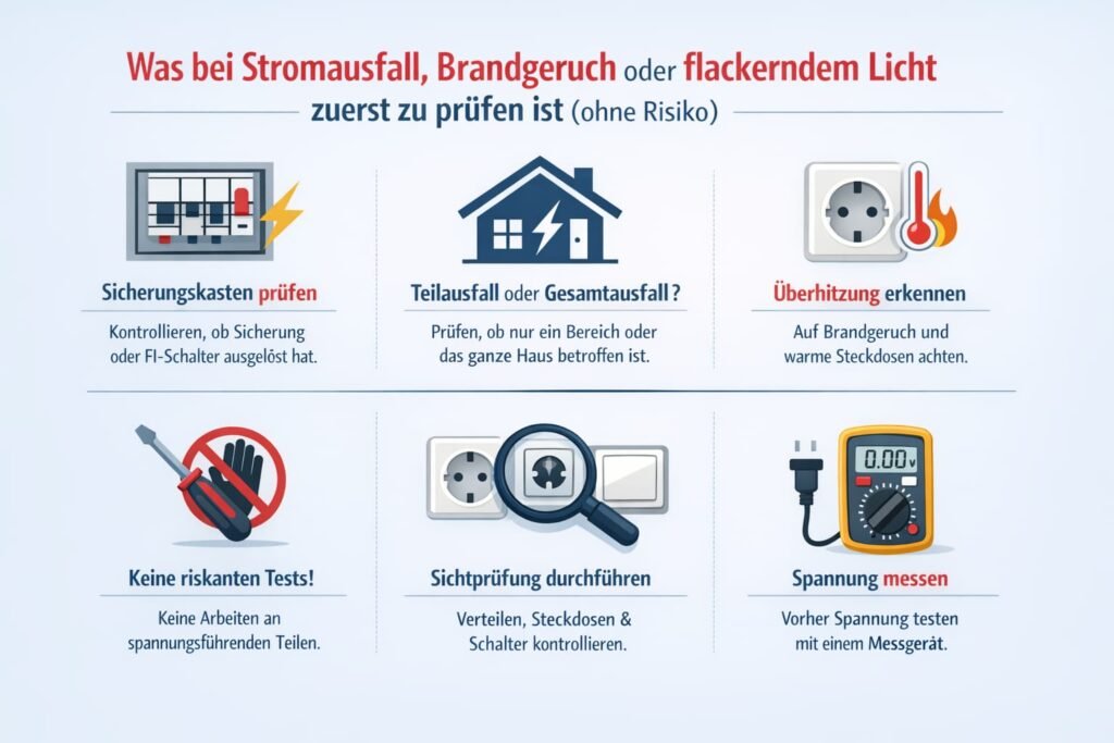 Was bei Stromausfall, Brandgeruch oder flackerndem Licht zuerst zu prüfen ist (ohne Risiko)