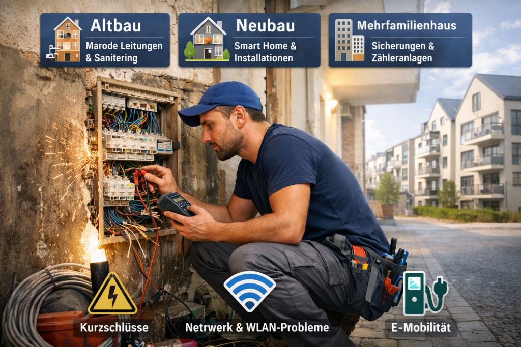 Elektriker repariert Stromkasten in Altbau mit Funkenflug – typische Elektroprobleme in Ladenburg