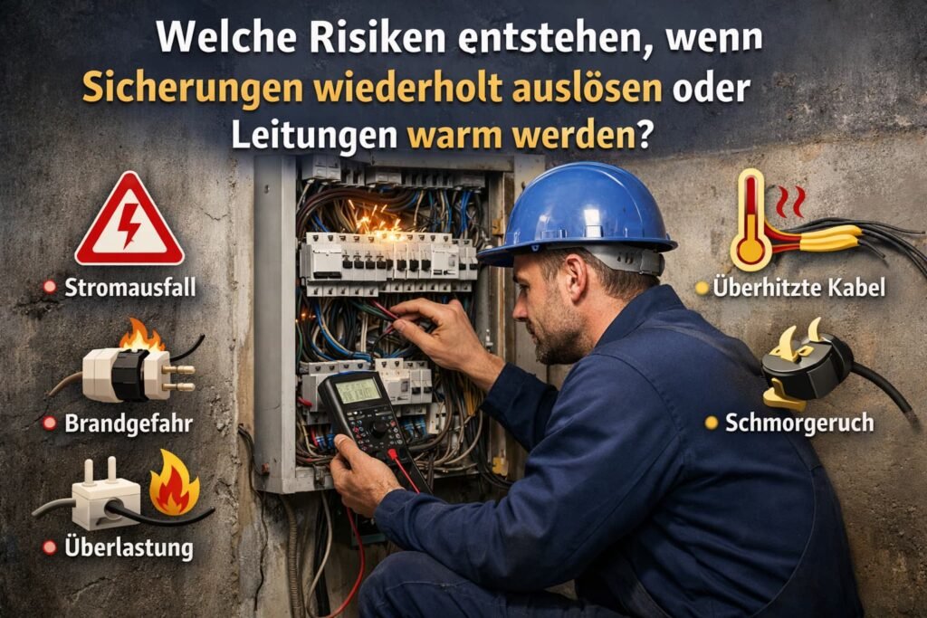 Elektriker führt Sicherheitscheck im Sicherungskasten durch – FI/RCD-Test, Schutzleiterprüfung und Dokumentation nach der Arbeit.