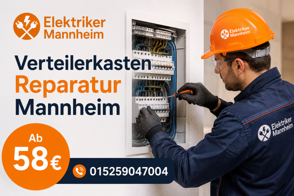 Elektriker bei der Reparatur eines modernen Sicherungskastens in Mannheim.