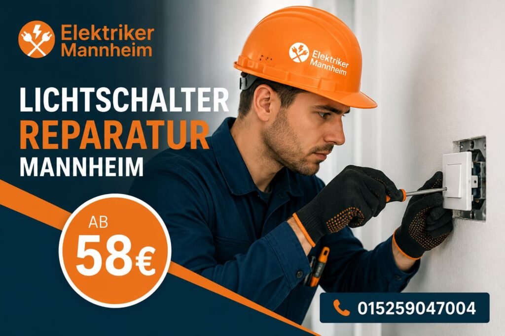 Elektriker bei der Reparatur eines Schalters in einer Wohnung in Mannheim.