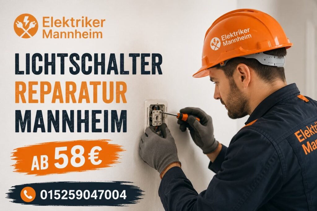 Elektriker bei der Reparatur eines defekten Lichtschalters in einer Wohnung in Mannheim