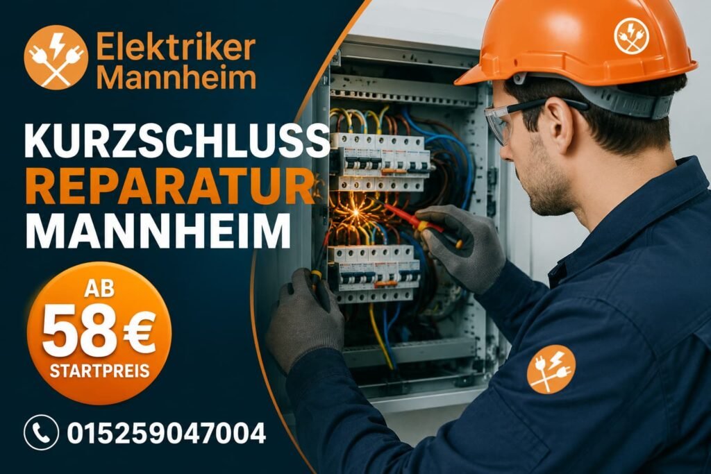 Elektriker bei der Reparatur eines Stromproblems in Mannheim mit modernem Schaltschrank.