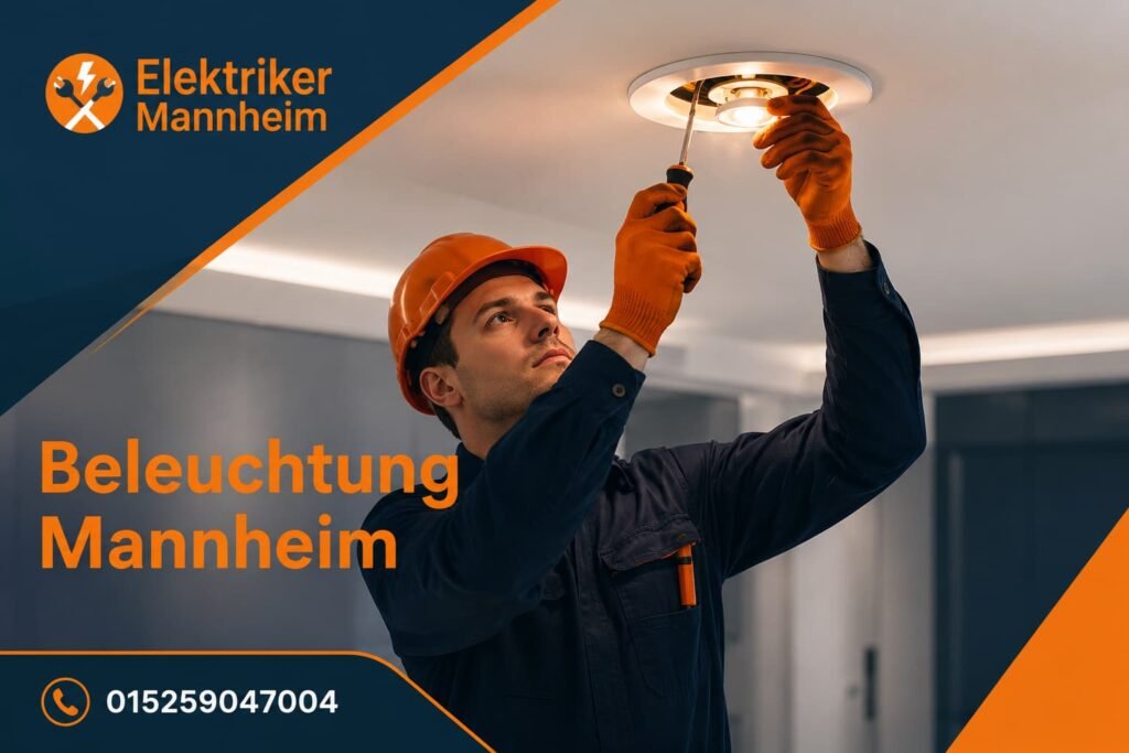 Elektriker bei der Reparatur einer Deckenleuchte in einem modernen Gebäude.
