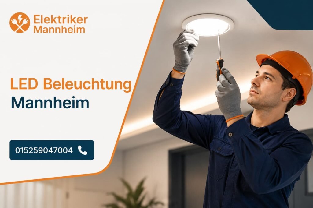 Elektriker installiert moderne Deckenbeleuchtung in einem Wohnraum.