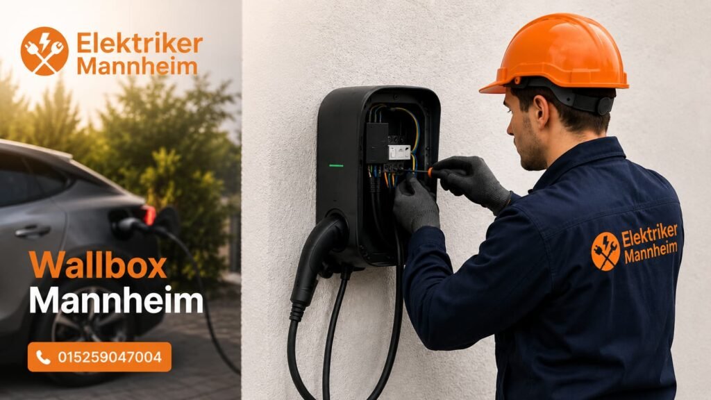 Elektriker bei der Wartung einer modernen E-Ladestation