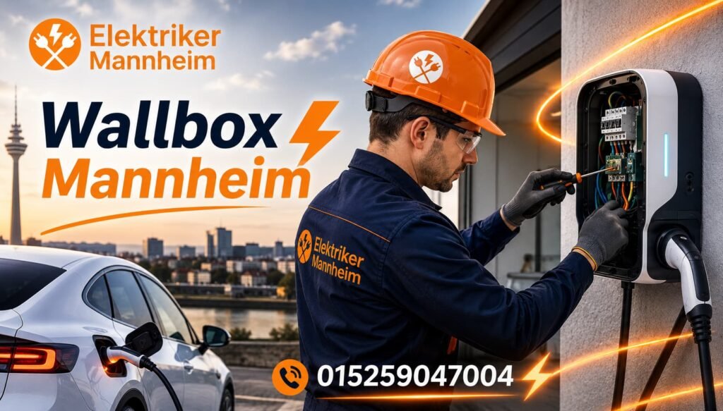 Elektriker installiert eine Ladestation an einer Hauswand.